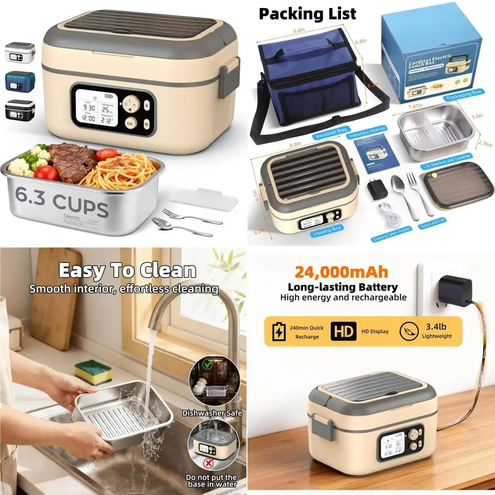 

Portable 6.3 Cup 100W Electric Lunch Box with 24000mAh Battery, Self-Heating, Cutlery, Insulated Bag, and Divider for Men and Wo