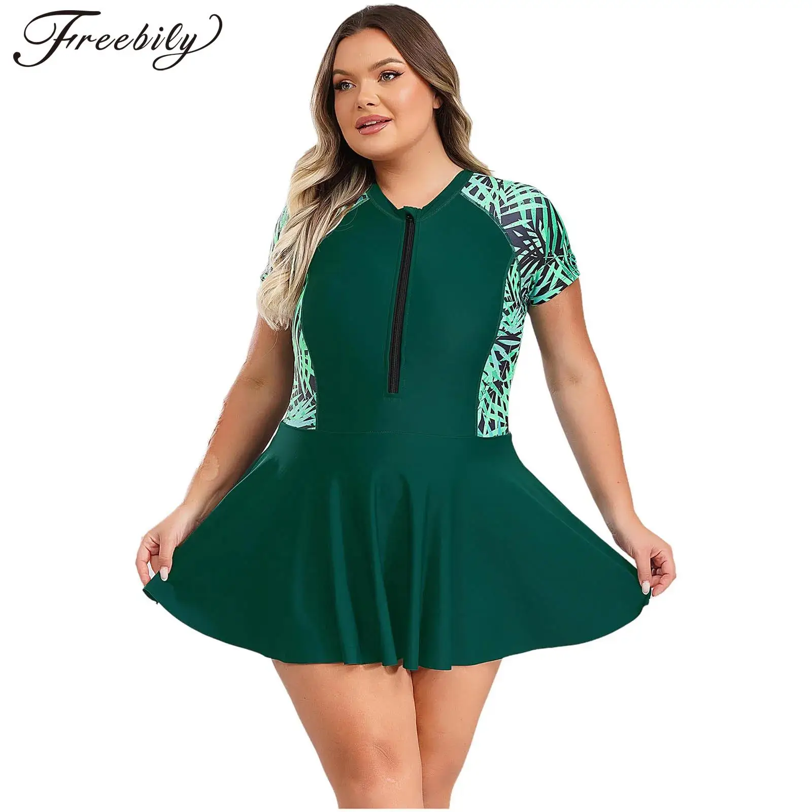 

Women Plus Size Leotard Dress Swimwear Short Sleeve Zipper Tropical Print Padded Swimsuit for Beach Pool Surfing Sun Bathing
