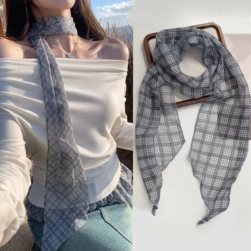 Pañuelo largo ultrafino a cuadros con correa para el cuello de seda suave a la moda, accesorios para fotos de viaje para mujeres, bufandas elegantes, regalos de bandas para el cabello de Corea