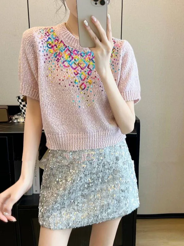 2024 Spring Summer Women\'s French Style Fragrant Short sleeved Knitwear High end Exquisite Design Sweater Sweet Shirt Top F009