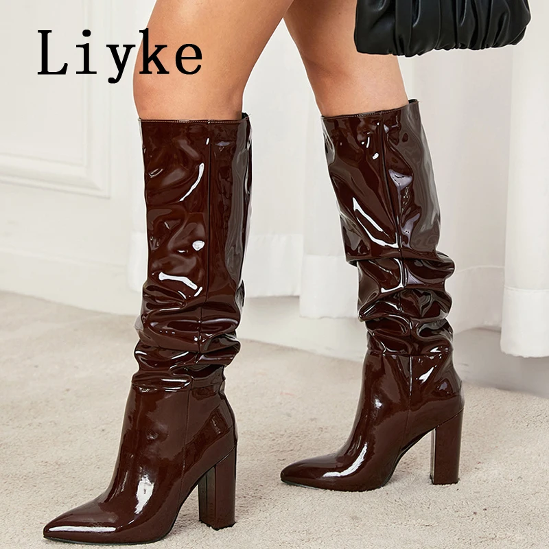 Liyke 2024 Autumn Winter Pleated Patent Leather Knee High Boots Female Pointed Toe Slip On Motorcycle Shoes Women Square Heels