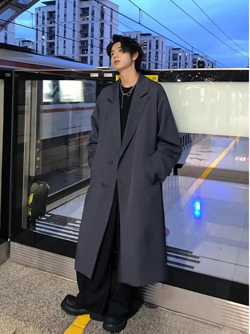 

Мужское демисезонное пальто-ветровка в корейском стиле с двойным рядом пуговиц, свободного кроя, из полиэстера, высокого качества