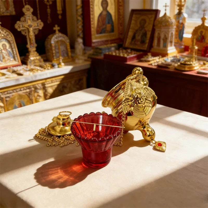 New Byzantine Gold Plated Orthodox Hanging Censer with Angel Carvings for Church Liturgy Incense Burning Religious Devotion Gift