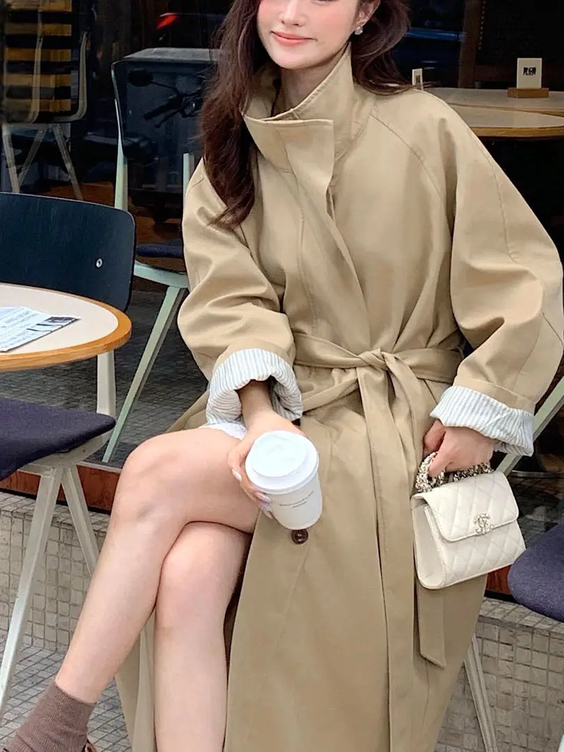 

Khaki Long Women's Coat 2025 New Sle Tall Women's Faion Korean High Waist Super ular Commute Loose Fit Long Sve