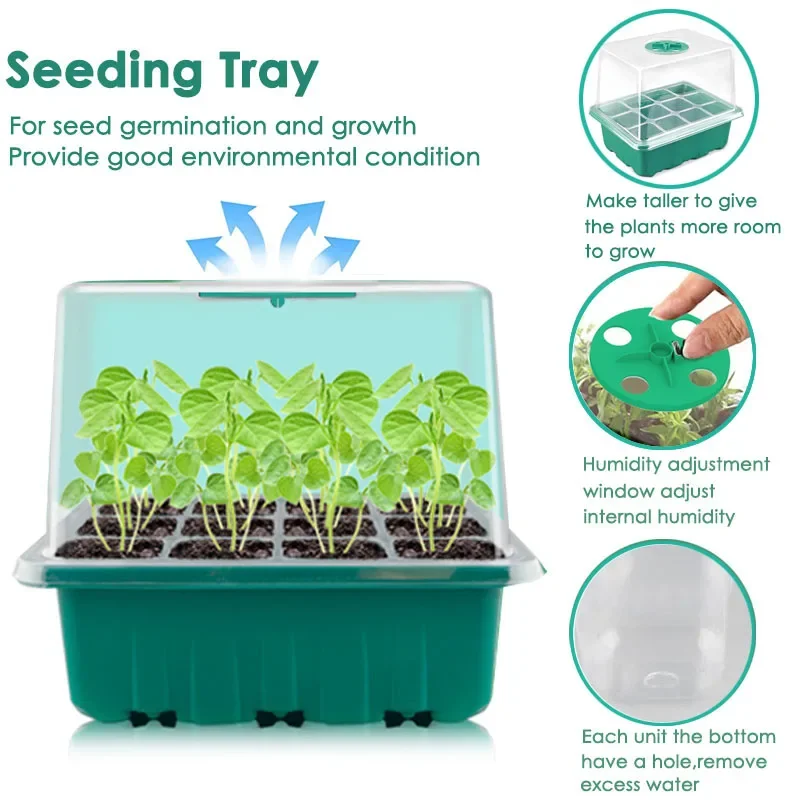 12/48 Cells Highter Nursery Pots Seeding Trays Seed Starter Kits Humidity Domes Cover Gardening Plant Germination Trays Box