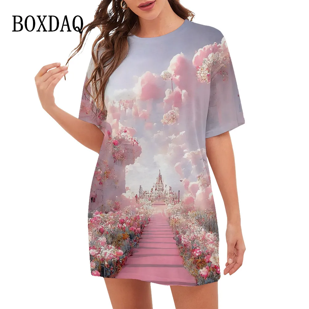 Landscape 3D Dream Women Flower Print Dress Fashion Summer Natural Scenery Short Sleeve Dress Streetwear Oversized Loose Clothes