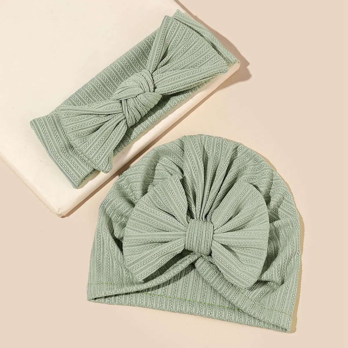 2Pcs/Set Baby Fabric Bow Headband and Hat Set Solid Color Baby Girl Turban Newborn Hair Accessories