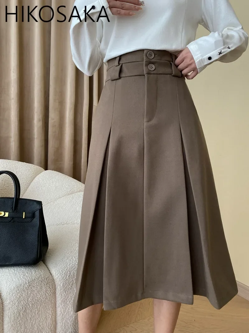 

French Style Fashion Elegant Solid Women Skirts High Wasit A-line Pleated Autumn Winter Woolen Skirt Korean Chic Commuter Faldas