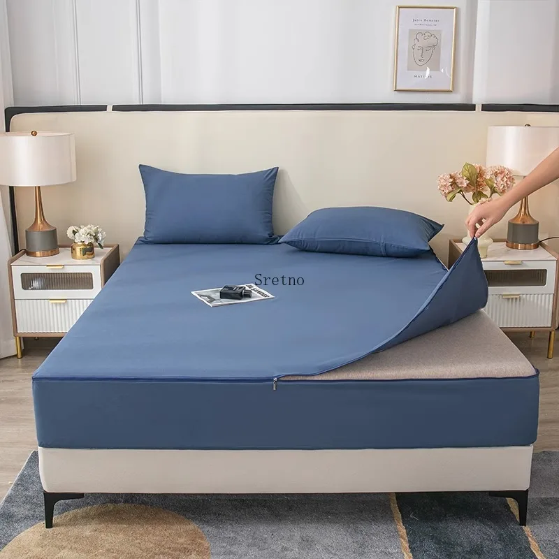 SRETNO New Solid Color 6-Sided Fully Wrapped Mattress Covers with 2 Pillowcases, Brushed Mattress Protector Elastic Fitted Sheet