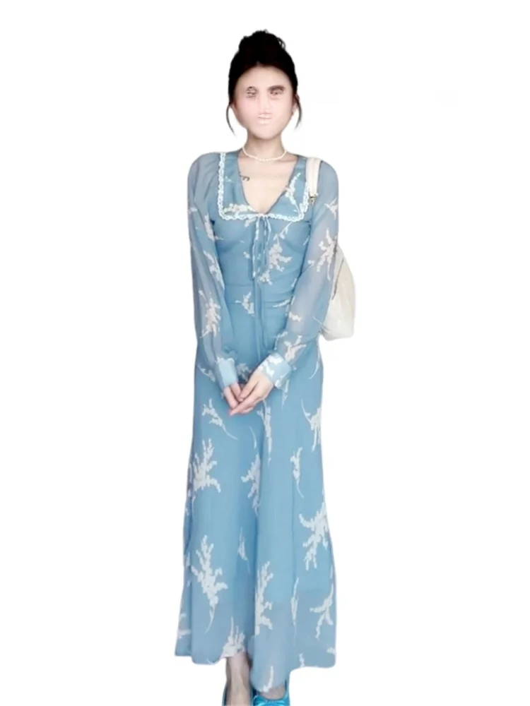 Colar de boneca longo floral azul Dr feminino primavera outono novo Sle Ele High-End Long Dr Sweet japonês Sle A-...