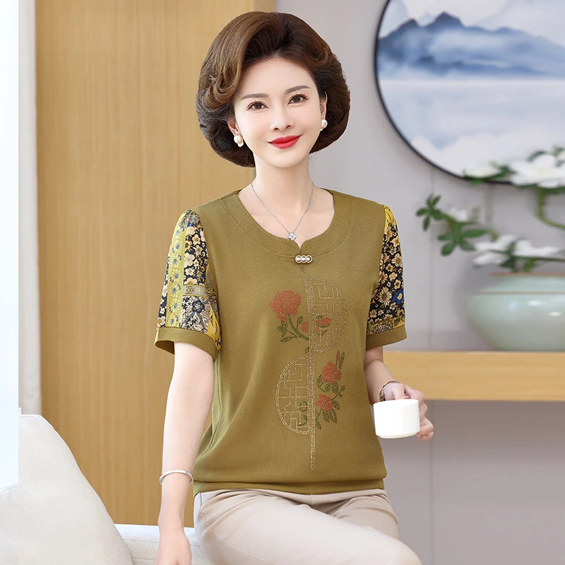 Summer Floral Print Women Knitted Tops Chiffon Patchwork Short Sleeve Casual Loose T-Shirt Office Work Blusas Feminina Tops