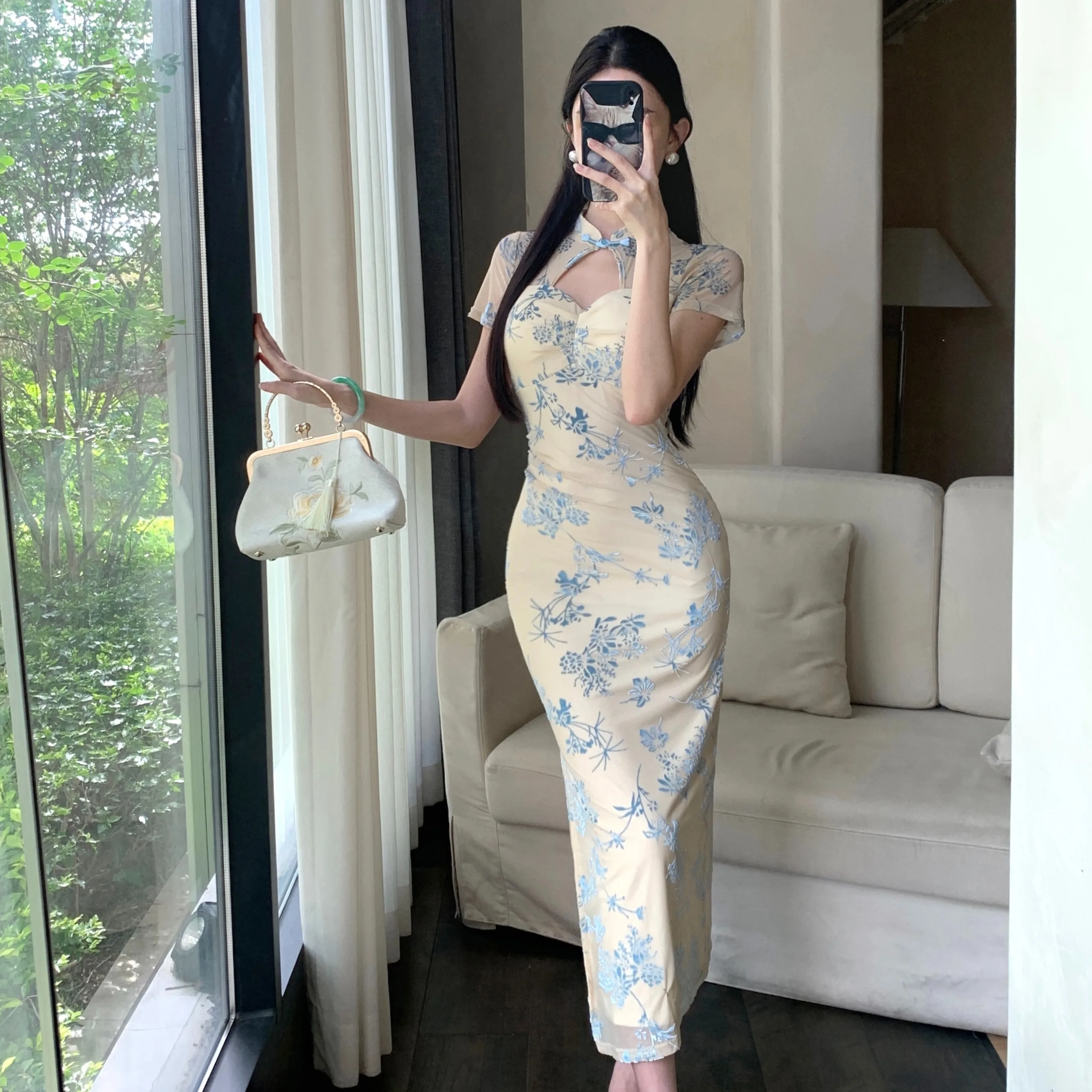 Novo chinês sle bordado ort sve qipao dr feminino retro sexy bodycon saia longa fibra de poliéster verão dr