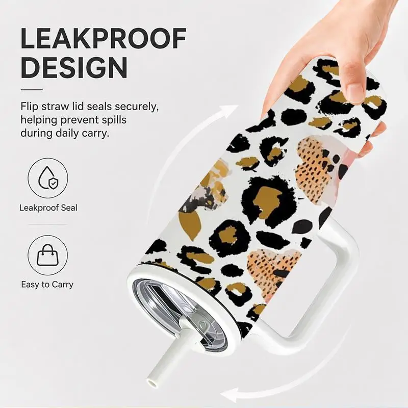 1pc 40oz 304 Stainless Steel Hand-held Cup Leopard Print Pattern with Handle Insulated Tumbler for Home Office Travel Outdoor Suitable Gifts for Halloween Christmas And Other Special Festivals
