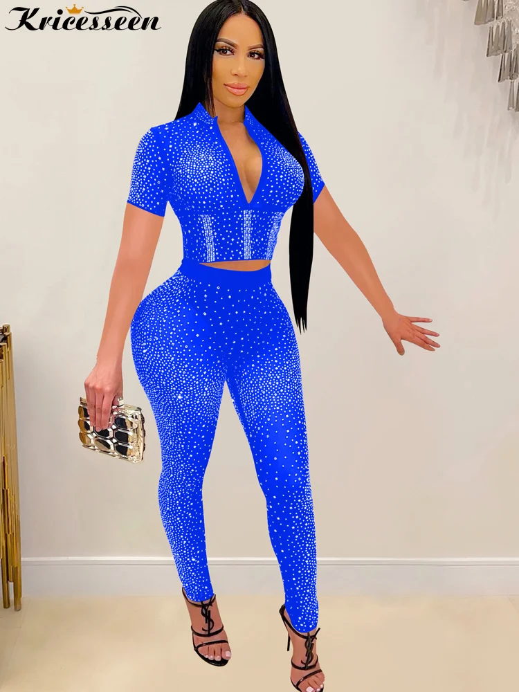 

Kricesseen Sexy Blue Rhinestone Crystal Skinny Matching Set Women Short Sleeve Zipper Top And Legging Sheer Party Club Tracksuit