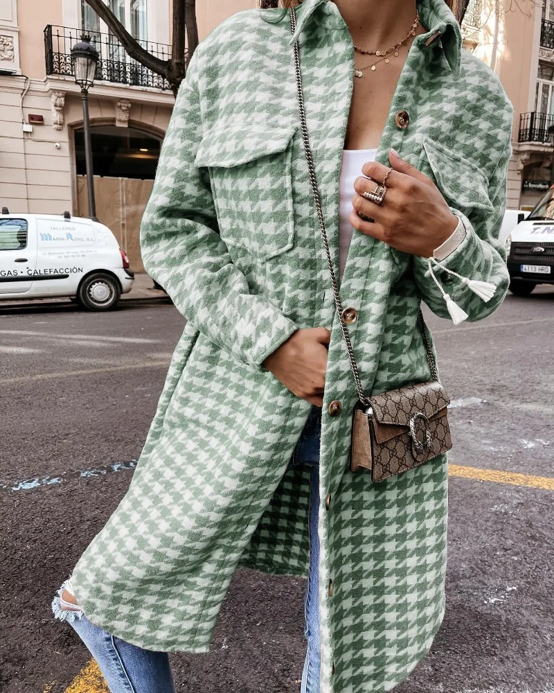 

Niche Design Houndstooth Wool Coat Mid-length Single-breasted Lapel Wool Shirt Casual and Versatile Plaid Coat with Pockets