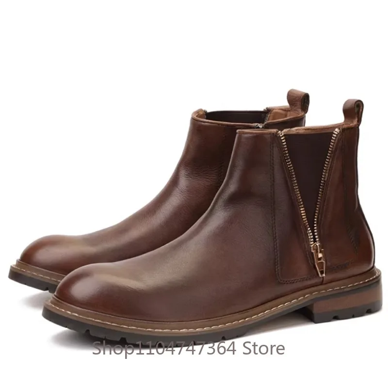 

British Genuine Leather Round-Toe Thick Sole Retro Casual Boots Men's Breathable Trendy Soft Sole Chelsea Boots Male Work Shoes