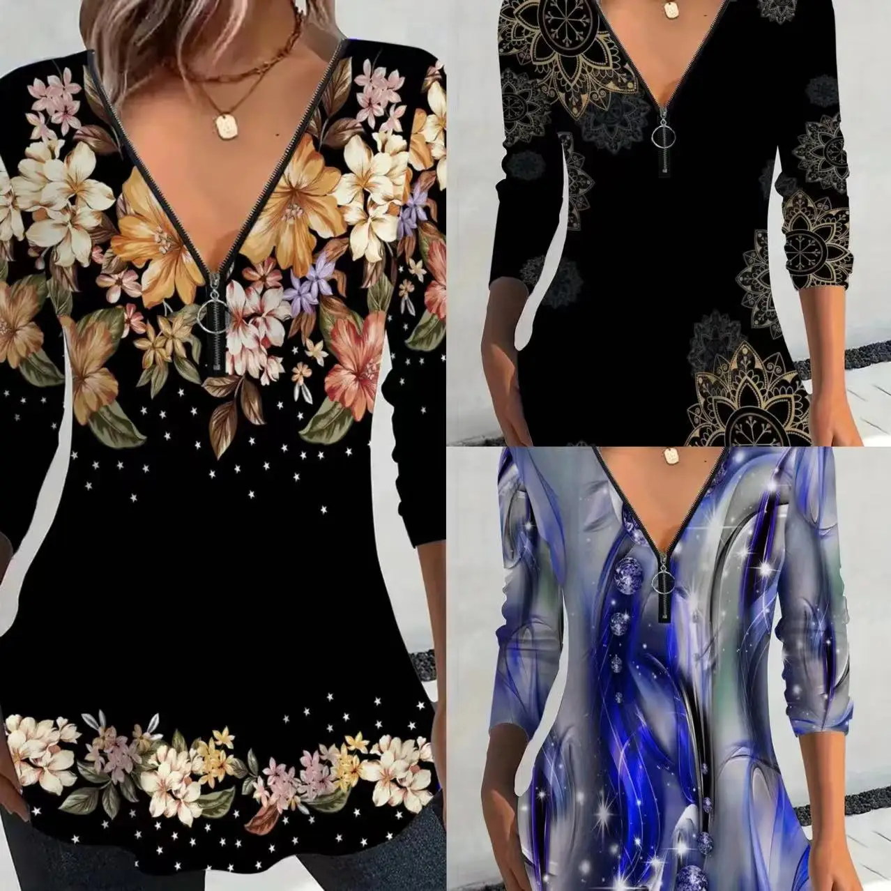

Y2K Spring and Autumn Fashion Elegant Casual Women's Shirt V-Neck Zipper Floral Print Long Sleeve Top Holiday Versatile Top