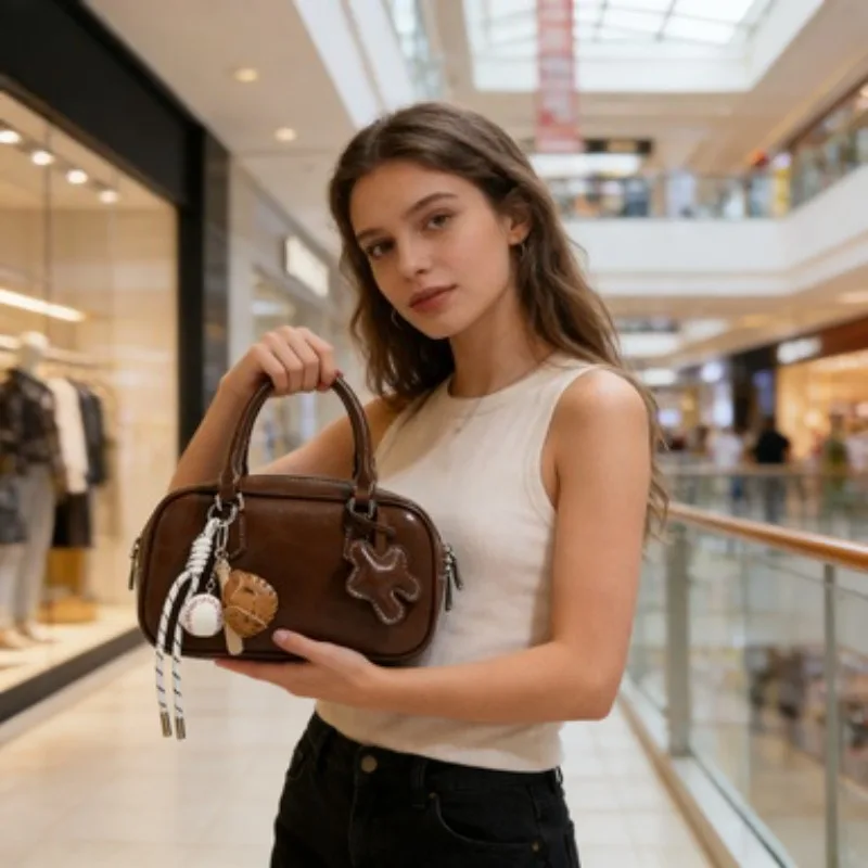 

2026 New Arrival Women's Bowling Bag with Niche Design, Retro Top-handle Bag, Convertible Shoulder & Crossbody Boston Bag