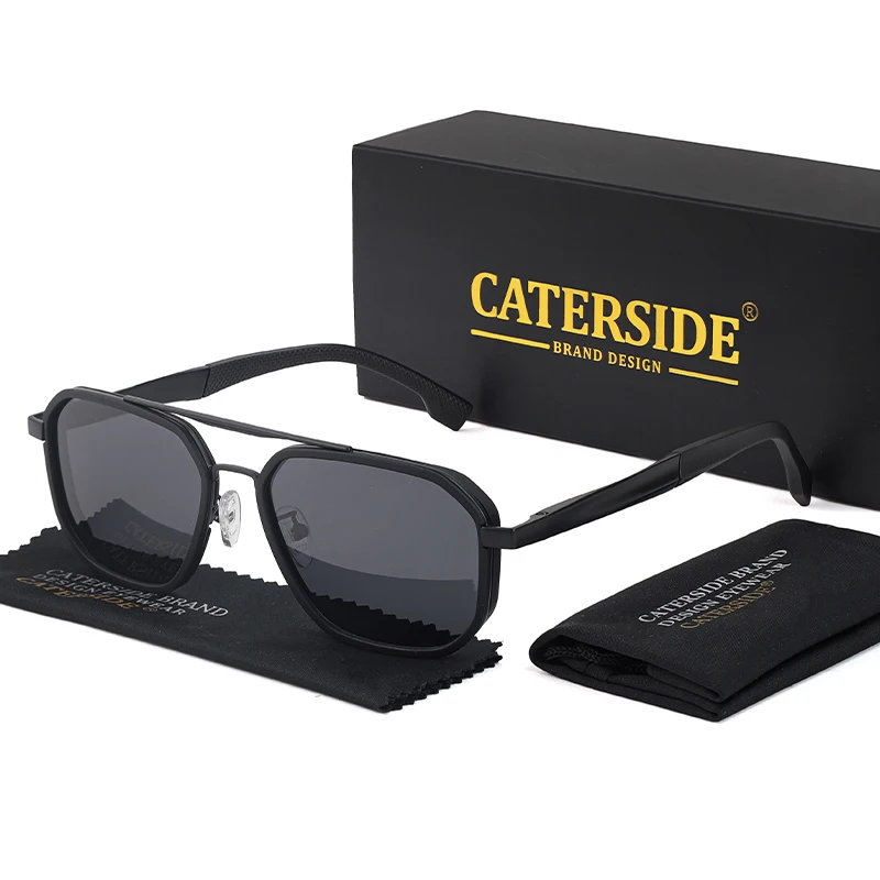 CATERSIDE Retro Polygonale Polarisierte Sonnenbrille für Herren, Punk-Metallrahmen, Flacher Oberteil, Doppelbrücke, Sonnenbrille zum Fahren und Angeln – Detail 6