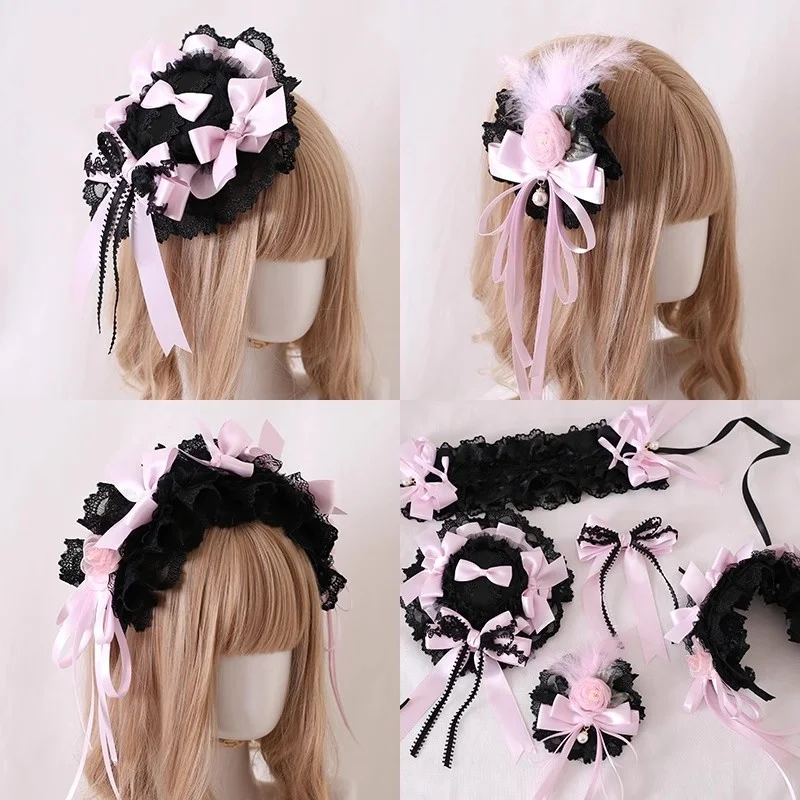 Original Black Satin Ballet Lolita Gothic Headband Side Clip Hat Headband KC Sweet Cool Maid Small Flat Hat Hair Accessories