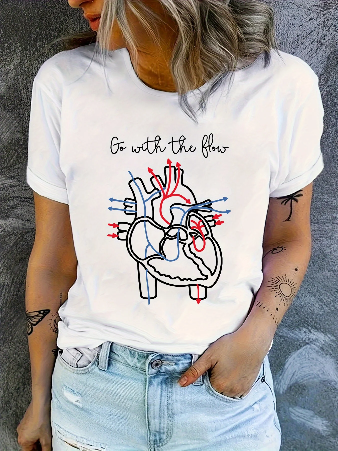Women'S Green "Go with The Flow" Graphic Casual Crew Neck Short Sleeve T-Shirt with Heart Summer Fashion Print Top Short Sleeve