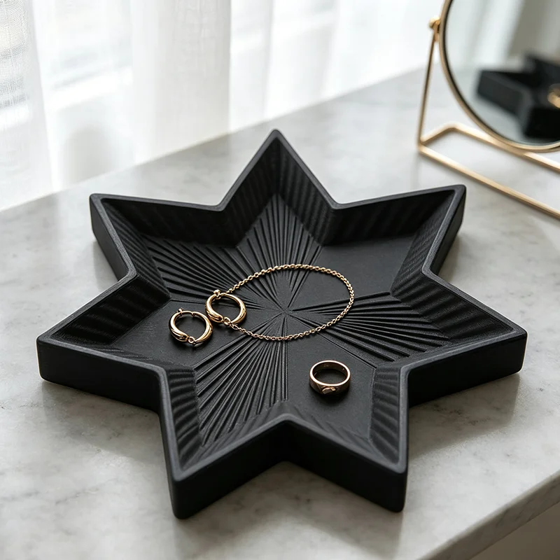 3D Printed Star‑Shaped Jewelry Tray Sunburst Textured Trinket Dish Decorative Desktop Storage Plate for Rings Earrings Necklaces