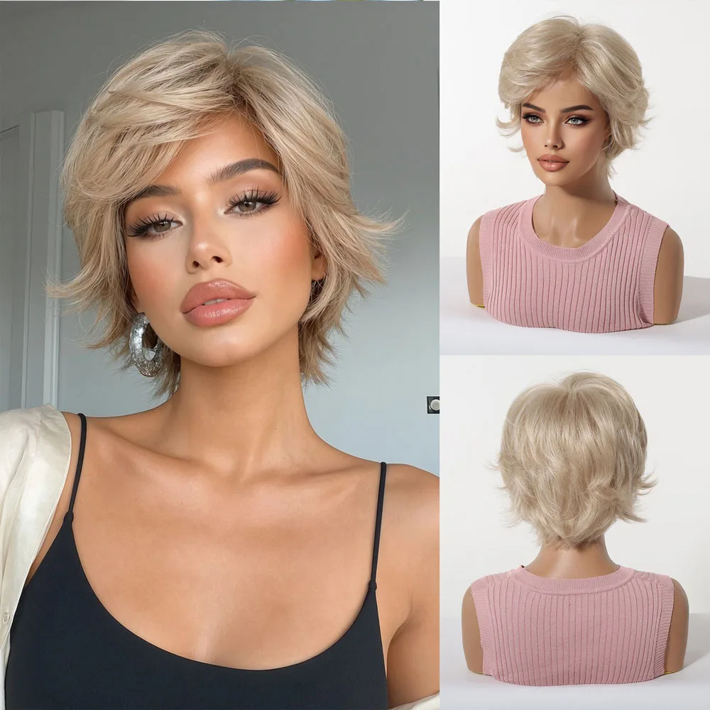 Short Pixie Cut Dark Brown Synthetic Wigs Natural Straight Layered Wig with Fluffy Bangs for Women Daily Heat Resistant Hair