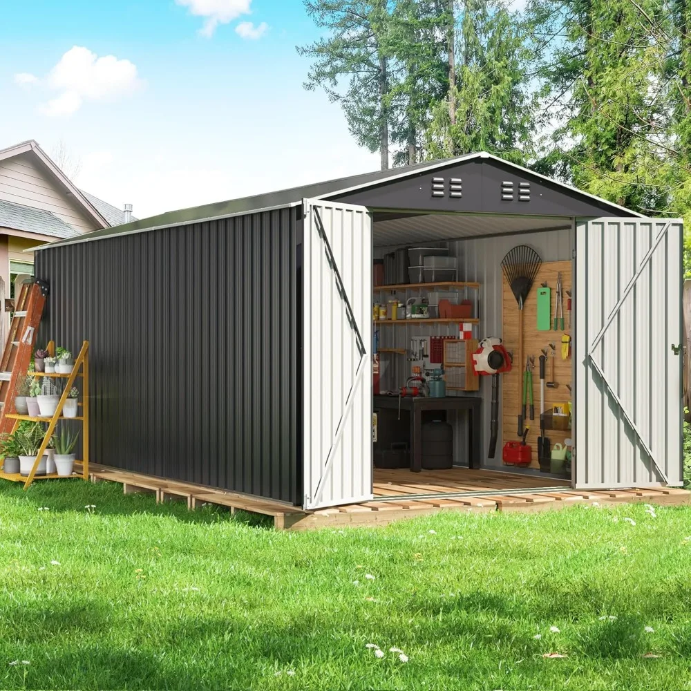 8x12 FT Outdoor Storage Shed, Garden Shed with Updated Frame Structure and Lockable Doors, Metal Tool Sheds for Backyard , Grey