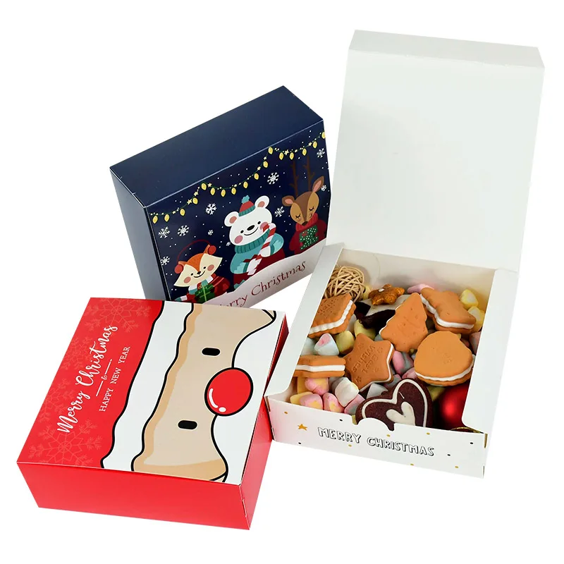 

5Pcs 14cm Square Merry Christmas Candy Gift Box Santa Elk Cookie Cake Baking Boxes Bag New Year Xmas Party Gift Packing Supplies