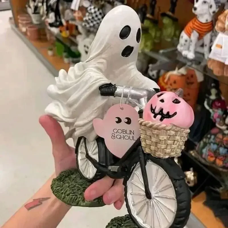 Ghost Bike Rider With Pink Pumpkin Halloween Ghost Bike Tabletop Decoration Pink Pumpkin Ghost Bike Ride Action Figure