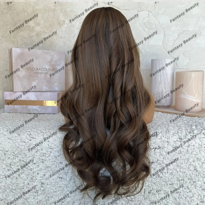 Light Cool Brown Long Wavy Human Hair 1x4 U Part Wigs Full Ends Glueless 150Density Opening V Part Wigs Natural Look Easy Wear