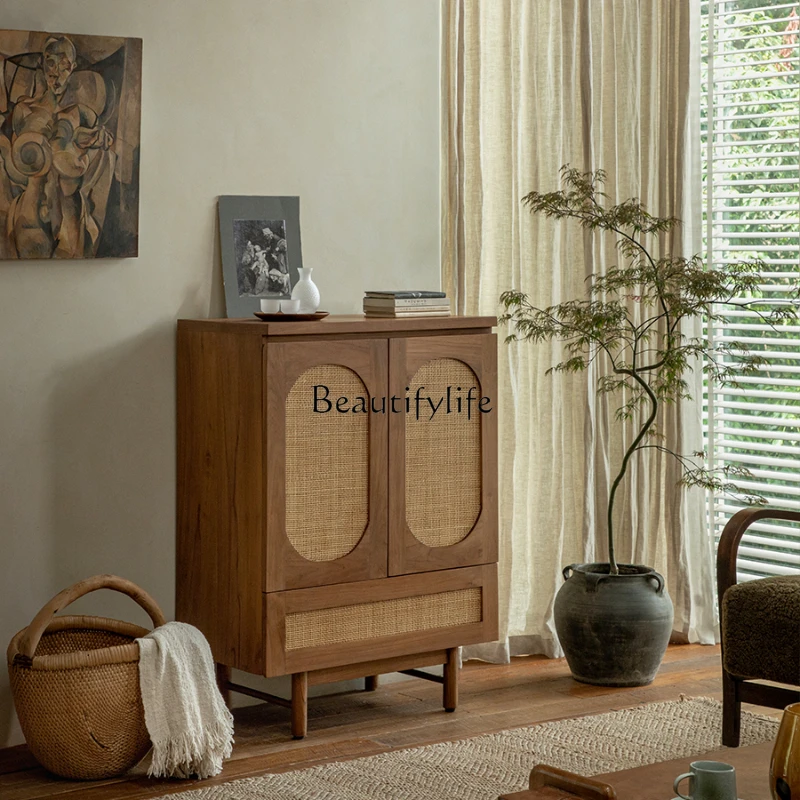 Indonesia Teak Retro Style Rattan Cabinet Mid-Ancient French Bedroom Living Room Solid Wood Storage Sideboard Cabinet