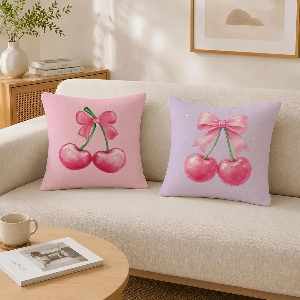 Sweet Aesthetic Pink Bow Cherry Cushion Cover Soft Fluffy Short Plush  Pillow Case  Sofa Bed Home Decor