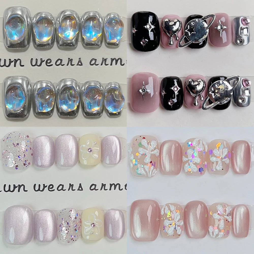 

10Pcs Kawaii Short Square Round Handmade Press On Nails Cat Eyes Gradients Butterfly Pearl Wearable Full Cover Nail Art Girls