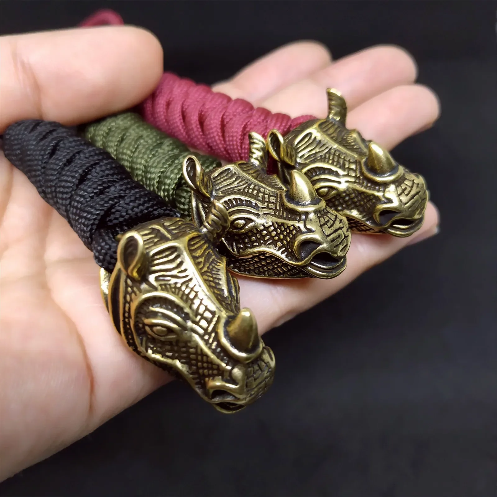 Paracord braided pendant Retro Brass Rhino head DIY Lanyard Knife bead Ornaments Bag hanging Rope Handmade