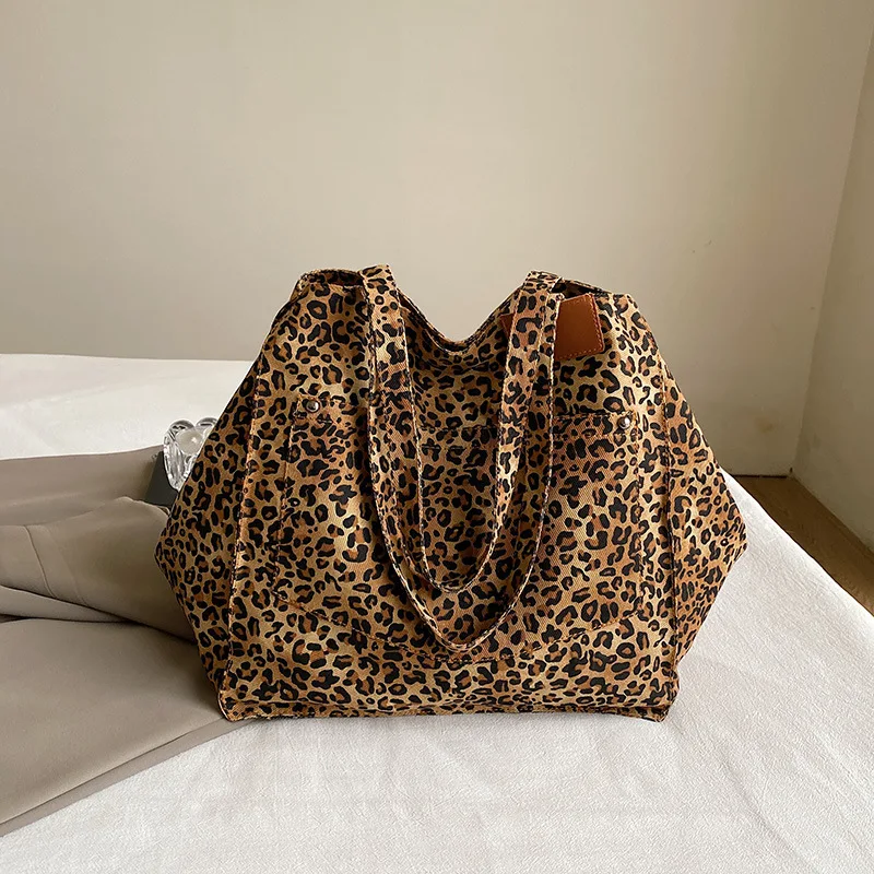 Bolsa tote com estampa de leopardo, bolsa de ombro de lona vintage, bolsa fashion de grande capacidade para compras de trabalho escolar