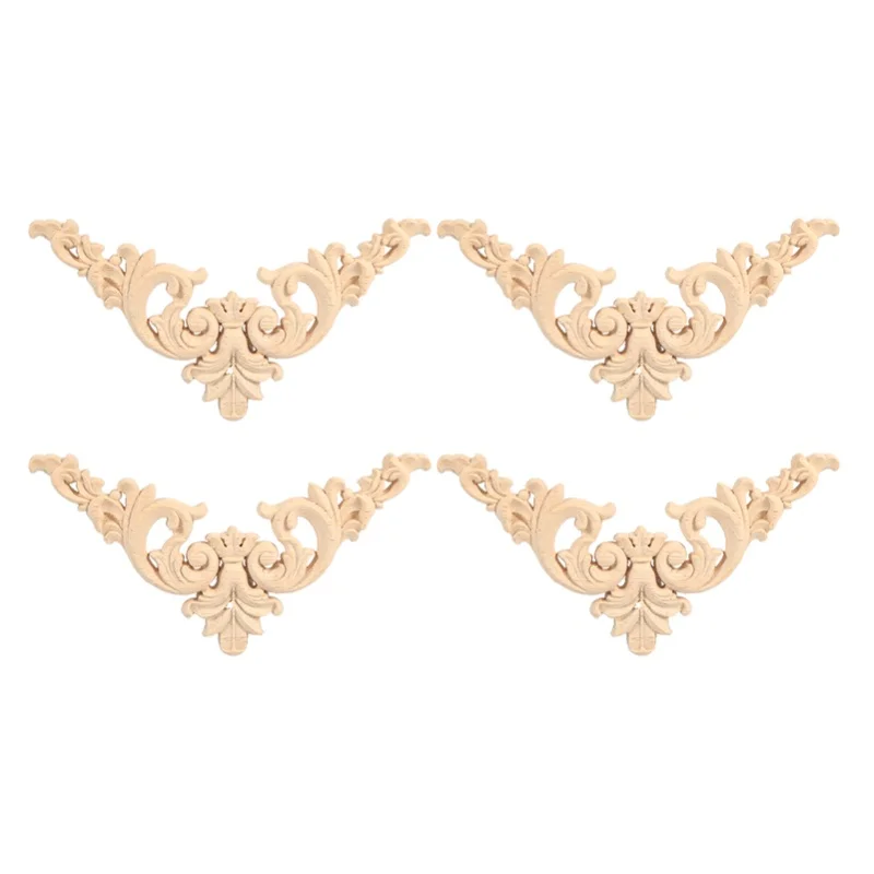 

4PCS Rubber Wood Carved Corner Onlay Applique Furniture Flower Shape Unpainted 12x 12cm