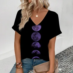 Personalized Purple Night Sky Pattern Art Print Casual V-neck Women's T-shirt Trendy Cool Daily Comfortable Oversized Top