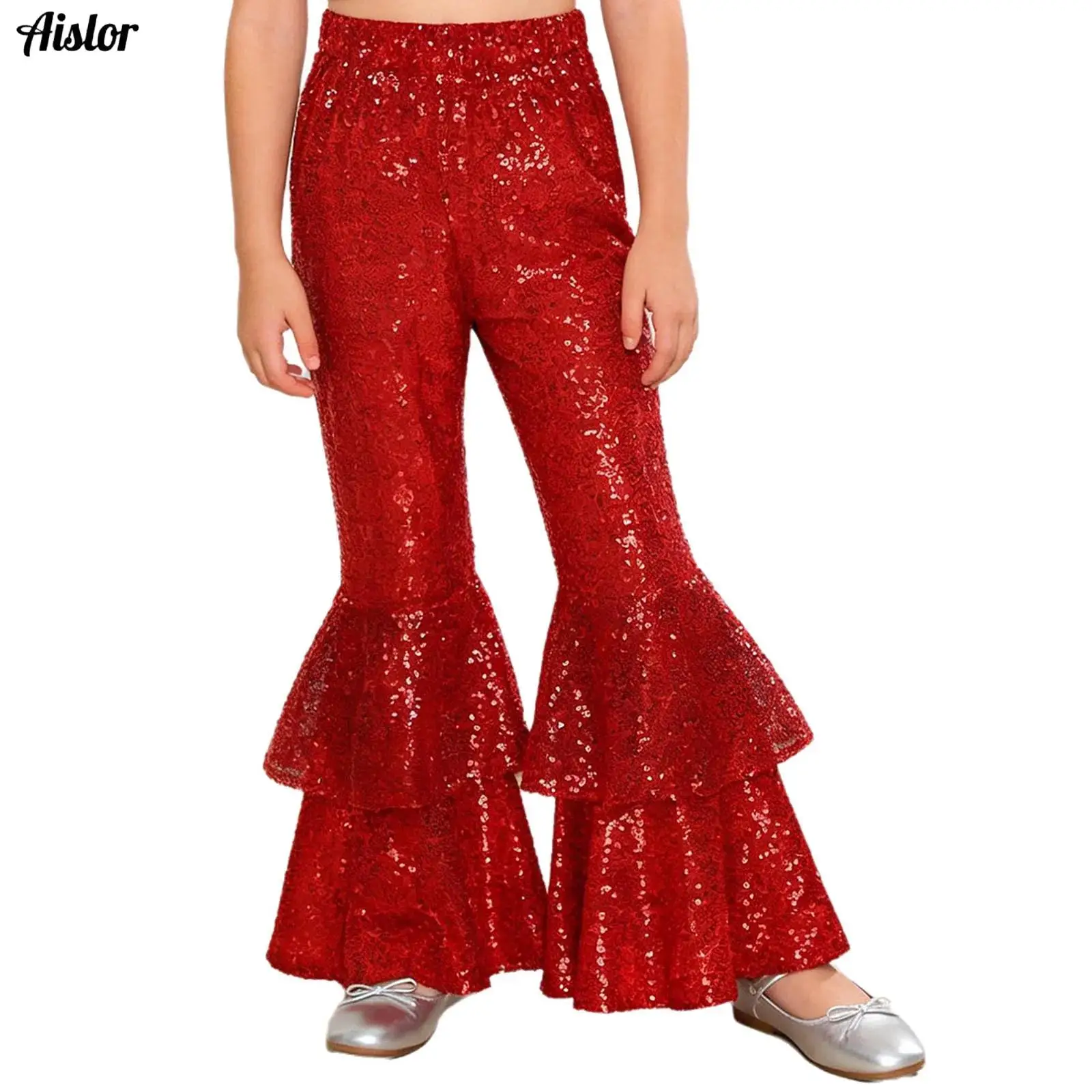 

Kids Girls 80s Disco Jazz Dance Pants Glittery Sequined Flared Pants Tiered Bell Bottom Elastic Waist Long Pants for Performance