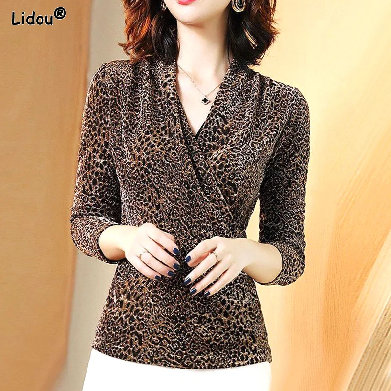 

Skinny Solid Color Temperament V-neck Vintage Pullovers Leopard T-Shirts Thin Autumn Winter Women's Clothing Casual Intellectual