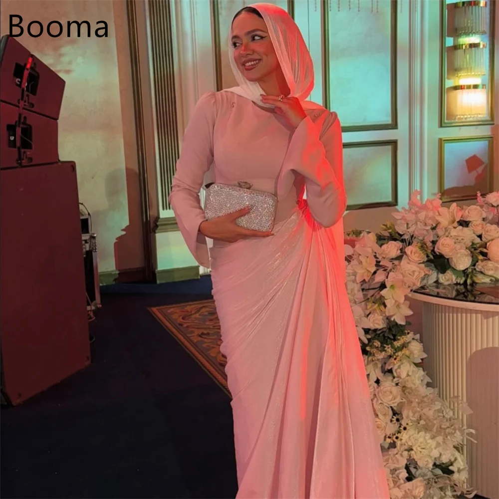 

Booma Mermaid O-Neck Pink Simple Pleat Evening Dresses Formal Party Gowns for Women Long Sleeve Elegant Prom Gown Customize