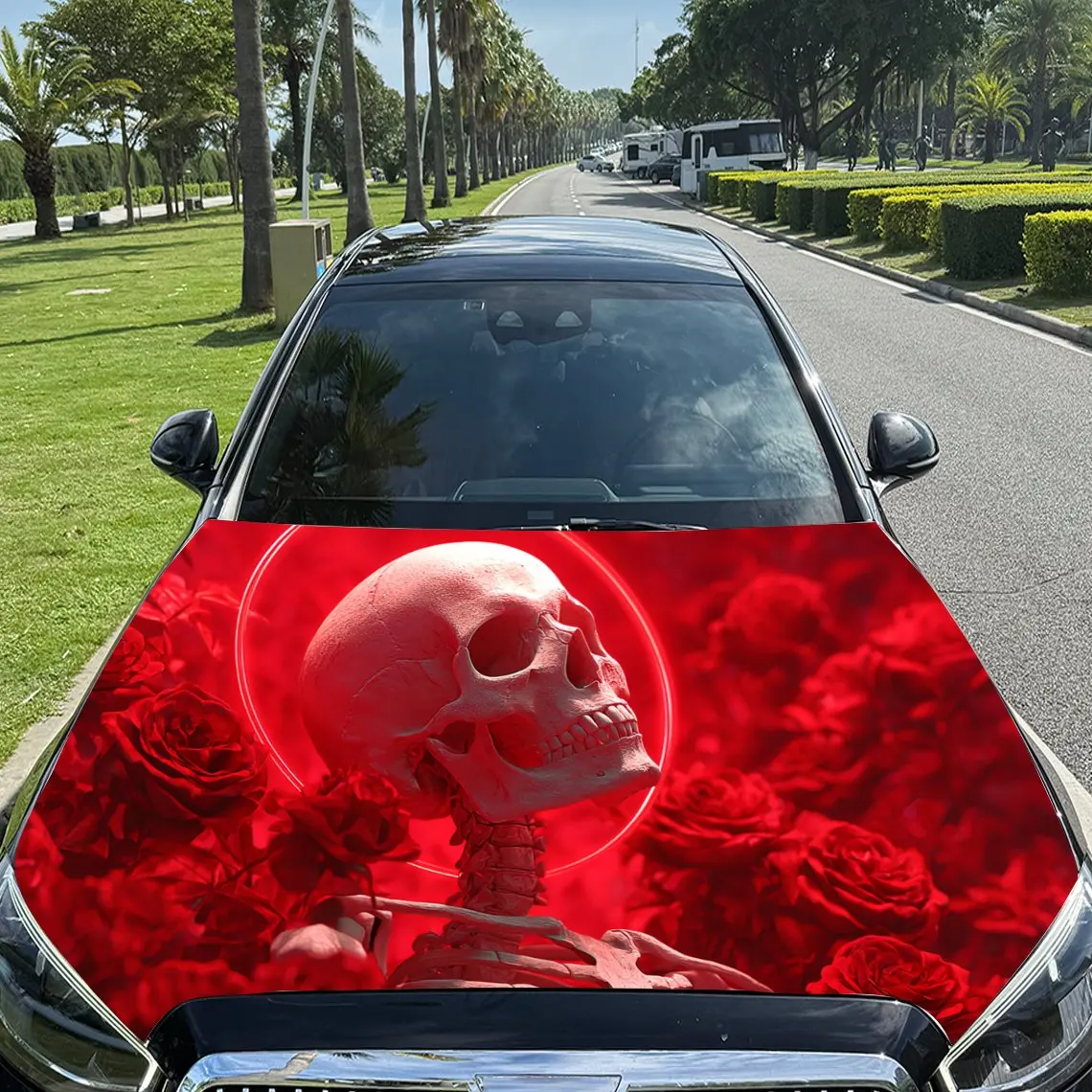 

Red Rose Skull Car Hood Decal - Durable PVC Vinyl Wrap, Fits Most Vehicles, Waterproof & Scratch-Resistant, Easy To Install & Re