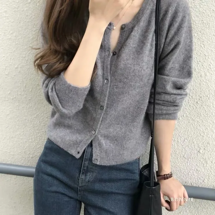 Women Cardigans Sweater Autumn Winter O-neck Knitted Cashmere Cardigan Solid Long Sleeve Single Breasted purple Sweaters Lady