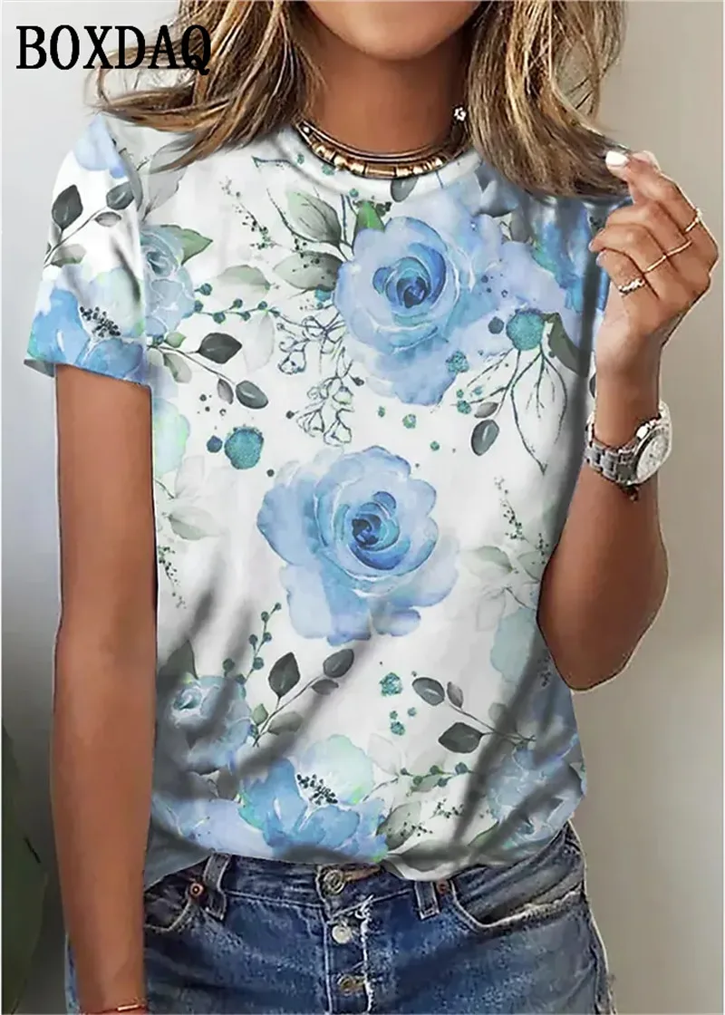 

Women Floral Pattern T-Shirts Summer Short Sleeve Street 3D Flower Print Ladies Tees 6XL Plus Size Loose Casual O-Neck Tops