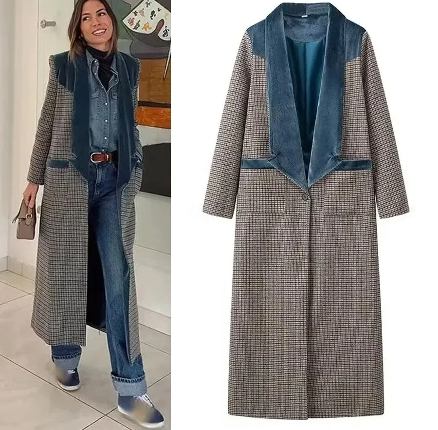 

Women's Fashionable Plaid Woolen Coat Deep Long Sleeve Stand Collar Independent Station Style Clothing