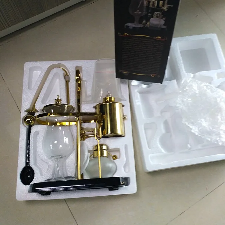 Luxury Royal Belgian Balancing Siphon Coffee Maker, Gold Color Retro Vacuum Syphon Coffee Brewer Complete Set 1‑Set