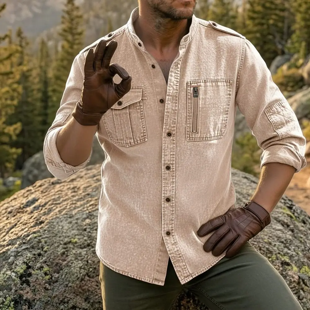 2026 Men's Casual Denim Shirts Long Sleeve Button Vintage Blue Washed Cowboy Shirts Slim Fit Outdoor Workwear Tops for Men