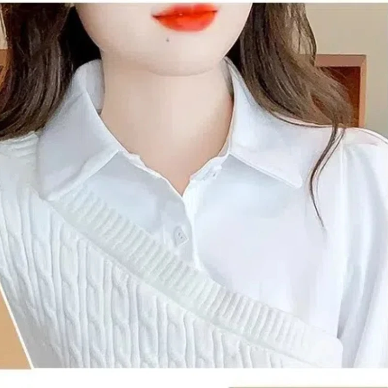 Camisa de manga larga de dos piezas para mujer, cuello Polo empalmado, botón de rosca, Color sólido, punto Delgado, novedad de otoño, 2024