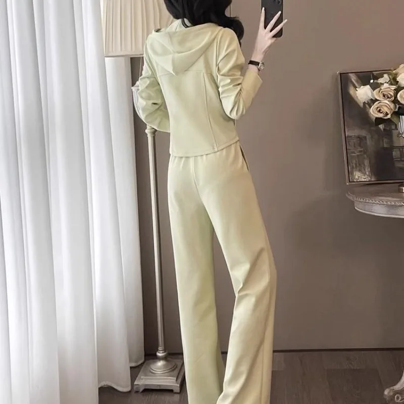 Leisure Sports Suit Women's 2025 Spring and Autumn New Fashion Hooded Cardigan Sweater and Wide-footed pants 2 Two piece Sets