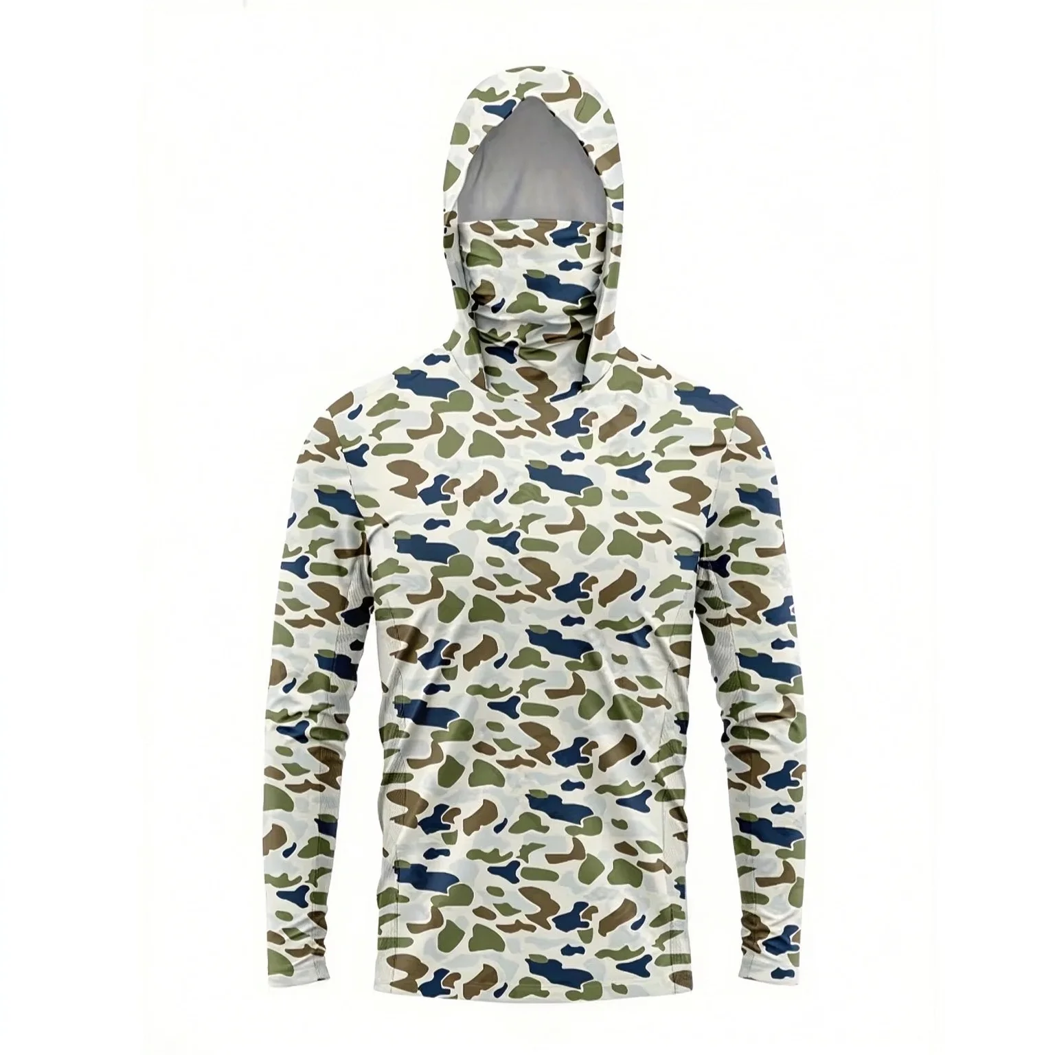 Men Hooded Fishing Shirt With Face Mask,UPF50+ UV Protection, 3D Earth Camo Print, Quick Dry Breathable, Outdoor Angling Apparel